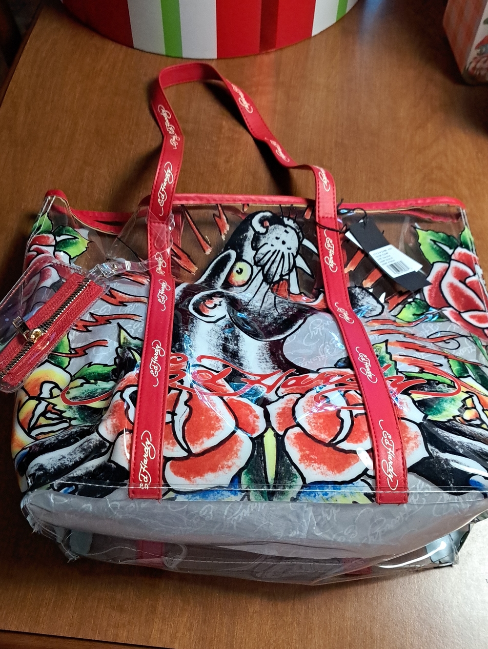 Ed Hardy Clear Tote with Red Straps and Floral Art